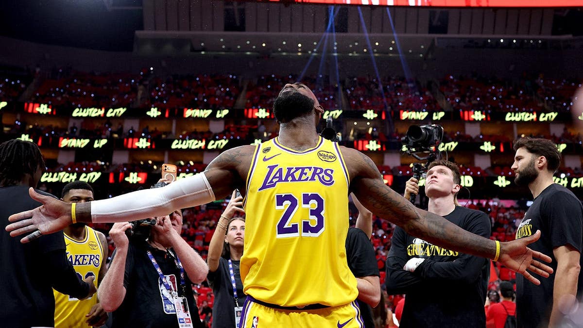 LeBron James gestures during pregame ritual at Toyota Center in Houston