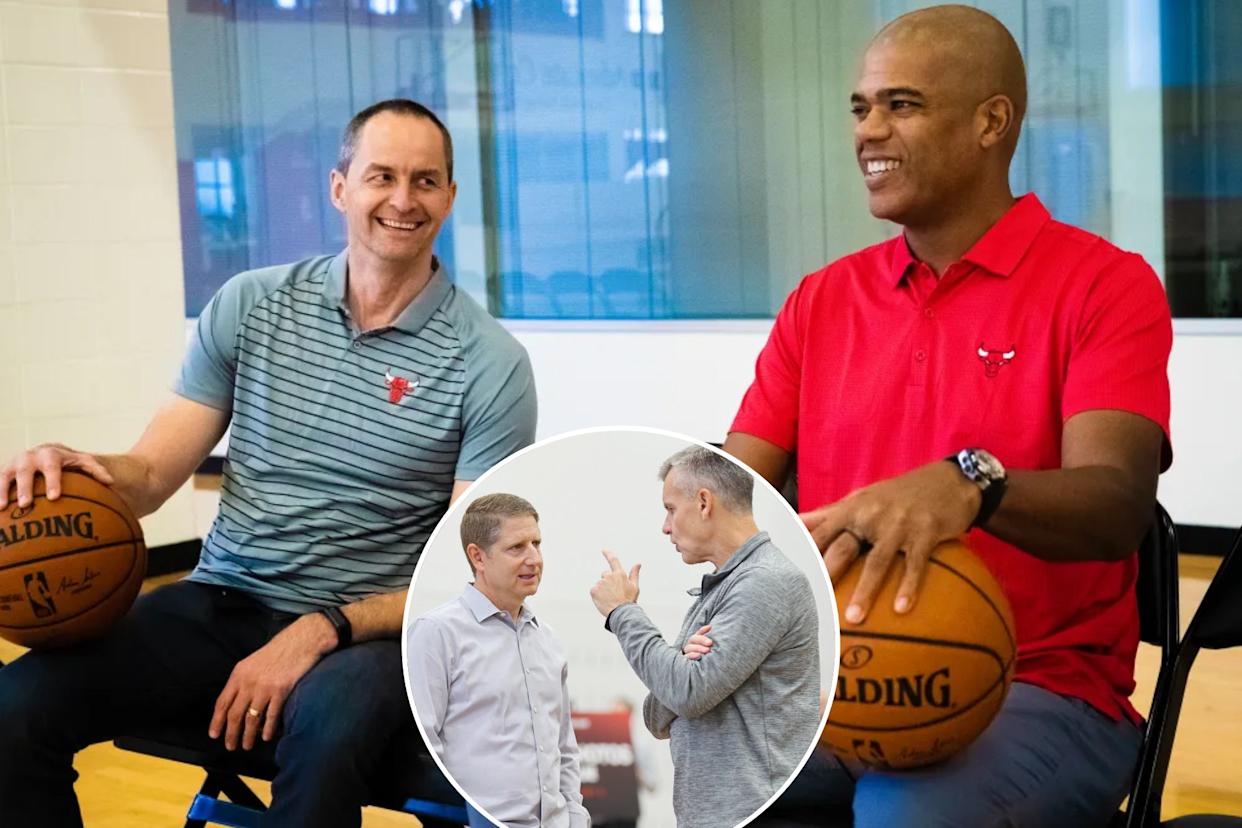 An image collage containing 2 images, Image 1 shows Arturas Karnisovas and Marc Eversley of the Chicago Bulls, holding basketballs and smiling, Image 2 shows Two men, one in a light gray shirt and the other in a gray long-sleeved shirt, discuss something at Chicago Bulls Media Day