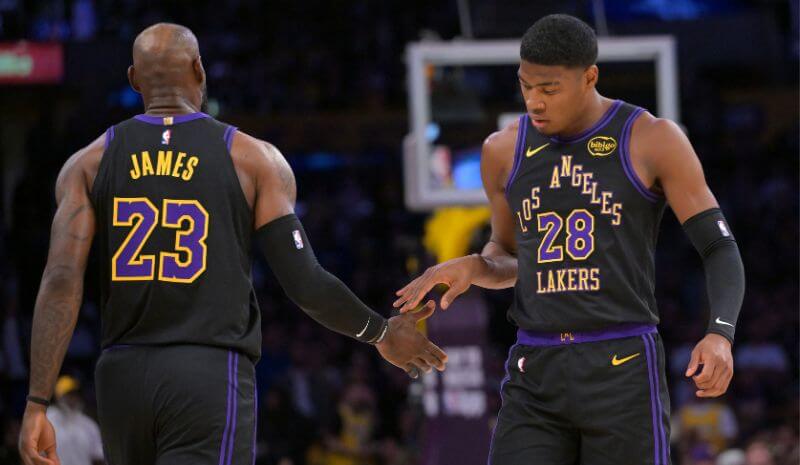 Los Angeles Lakers forward LeBron James (23) and forward Rui Hachimura (28).