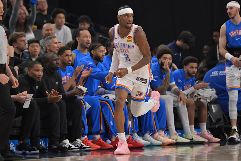 Apr 8, 2026; Inglewood, California, USA; Oklahoma City Thunder guard Shai Gilgeous-Alexander (2) heads down the sideline after a three-point basket in the first half against the Los Angeles Clippers in the first half at Intuit Dome. Mandatory Credit: Jayne Kamin-Oncea-Imagn Images