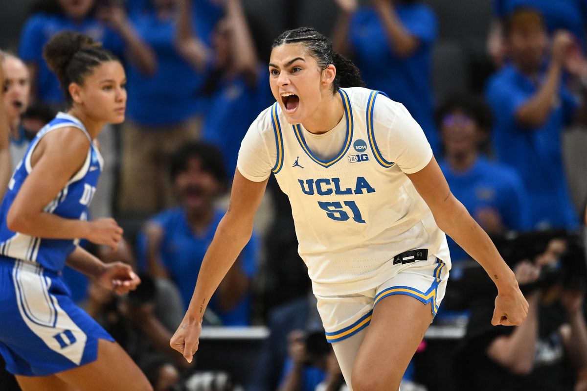 SACRAMENTO, CALIFORNIA - MARCH 29: Lauren Betts #51 of the UCLA Bruins reacts against the Duke Blue Devils during the third quarter in the Elite Eight of the 2026 NCAA Women's Basketball Tournament at Golden 1 Center on March 29, 2026 in Sacramento, California. (Photo by Thien-An Truong/Getty Images)