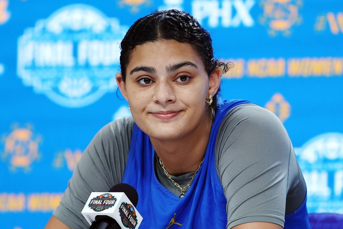 PHOENIX, ARIZONA - APRIL 02: Lauren Betts #51 of the UCLA Bruins speaks during a press conference ahead of the 2026 NCAA Women's Basketball Tournament Final Four at Mortgage Matchup Center on April 02, 2026 in Phoenix, Arizona. (Photo by Sarah Stier/Getty Images)