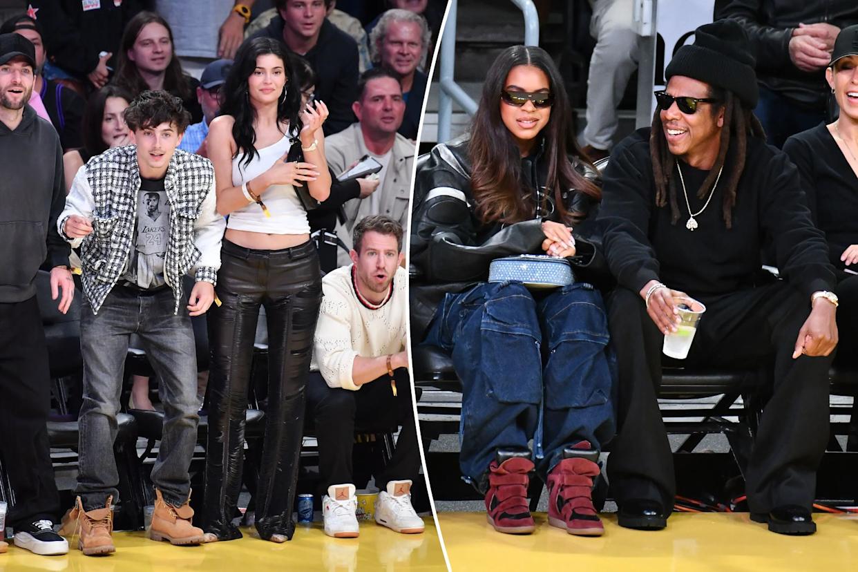 An image collage containing 2 images, Image 1 shows Timothee Chalamet and Kylie Jenner attend a basketball game, Image 2 shows Jay-Z and Blue Ivy Carter attend a basketball game