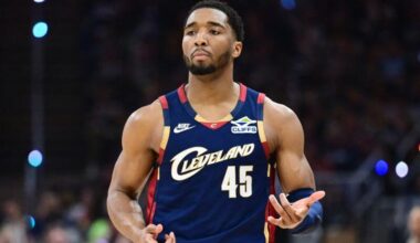 Cleveland Cavaliers guard Donovan Mitchell (45) celebrates.
