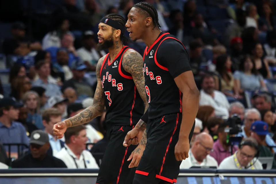 Apr 3, 2026; Memphis, Tennessee, USA; Toronto Raptors forward RJ Barrett (9) reacts during the second quarter against the Memphis Grizzlies at FedExForum. Mandatory Credit: Petre Thomas-Imagn Images