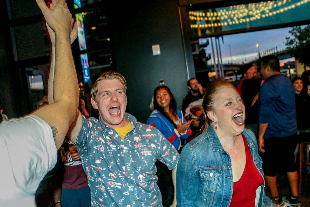 Tim Howard and now wife Stephanie Hesse-Howard watched the final moments of the Colorado Avalanche's Stanley Cup-clinching victory at Tom's Watch Bar in 2022. (John Moore/Denver Gazette)
