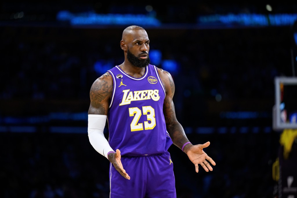 Los Angeles Lakers forward LeBron James reacts during the first half against the Brooklyn Nets.