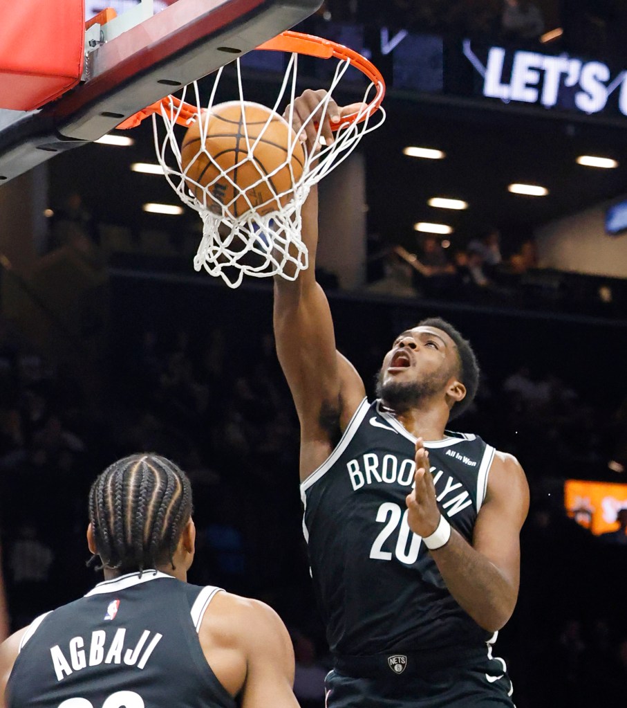 Day'ron Sharpe #20 of the Brooklyn Nets slams the ball during the first half when the Brooklyn Nets played the Dallas Mavericks Tuesday, February 24, 2026 at Barclays Center