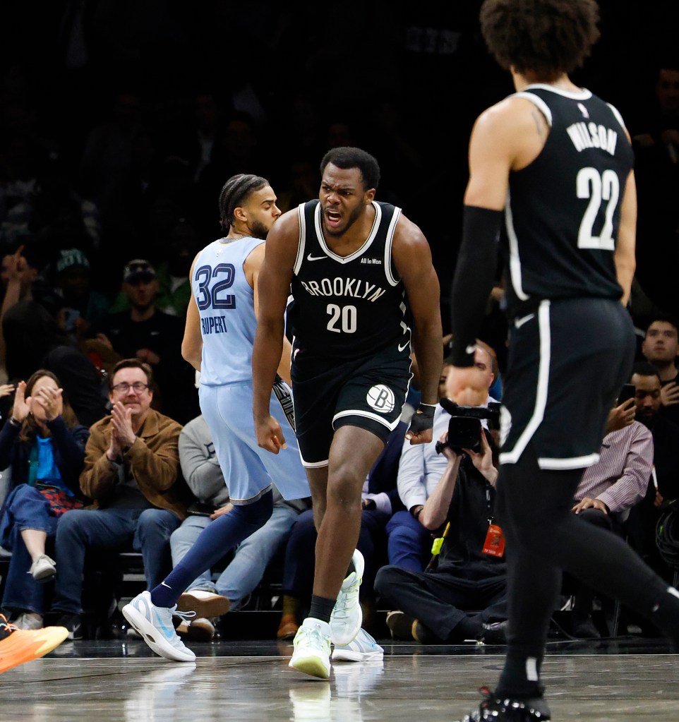Day'ron Sharpe #20 of the Brooklyn Nets reacts after he slams the ball over Rayan Rupert #32 of the Memphis Grizzlies during the second half when the Brooklyn Nets played the Memphis Grizzlies Monday, March 9, 2026 