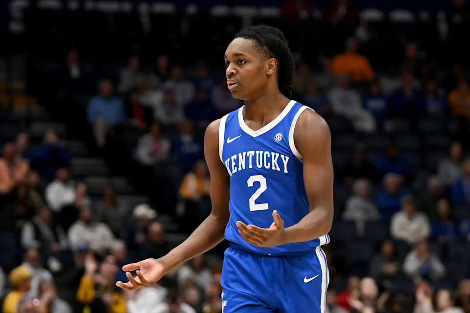 NASHVILLE, TENNESSEE - MARCH 12: Jasper Johnson #2 of the Kentucky Wildcats reacts against the Missouri Tigers during the first half in the second round of the 2026 SEC Men's Basketball Tournament at Bridgestone Arena on March 12, 2026 in Nashville, Tennessee. (Photo by Carly Mackler/Getty Images)
