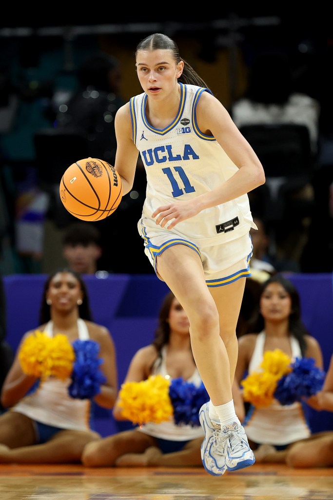 Gabriela Jaquez of the UCLA Bruins dribbles the basketball.