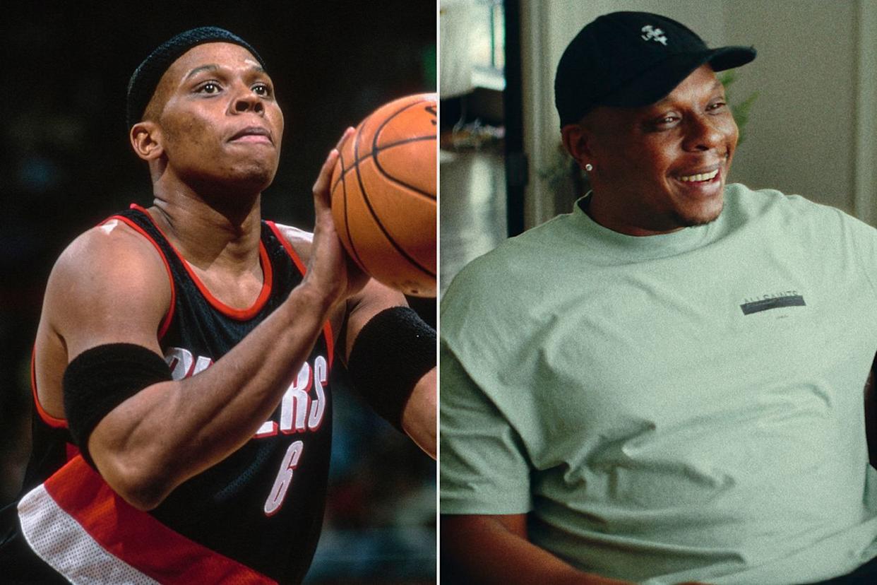 Bonzi Wells #6 of the Portland Trail Blazers on November 16th, 2000 in Toronto, Canada; Bonzi Wells in Untold: Jail Blazers.Credit: Robert Skeoch/Getty; Courtesy of Netflix