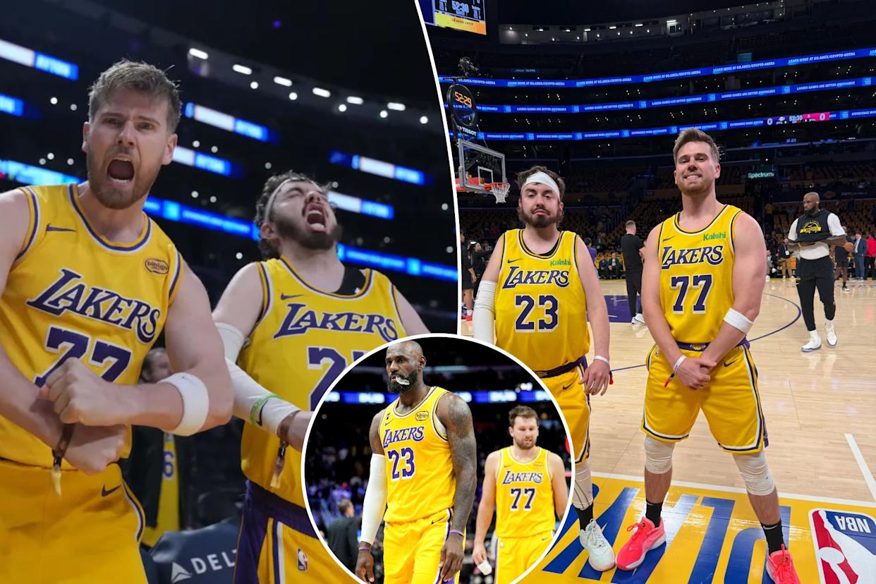 An image collage containing 3 images, Image 1 shows Two Lakers fans, Tom Biddle and Mantis Taylor, wearing Luka Doncic and Lebron James jerseys respectively, cheer from the stands, Image 2 shows Two men in Lakers jerseys on a basketball court, Image 3 shows LeBron James and Luka Dončić walk off the court after a loss
