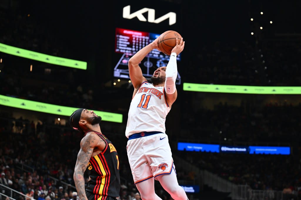 Jalen Brunson #11 of the New York Knicks drives to the basket during the game against the Atlanta Hawks on April 6, 2026 at State Farm Arena in Atlanta, Georgia. NBAE via Getty Images