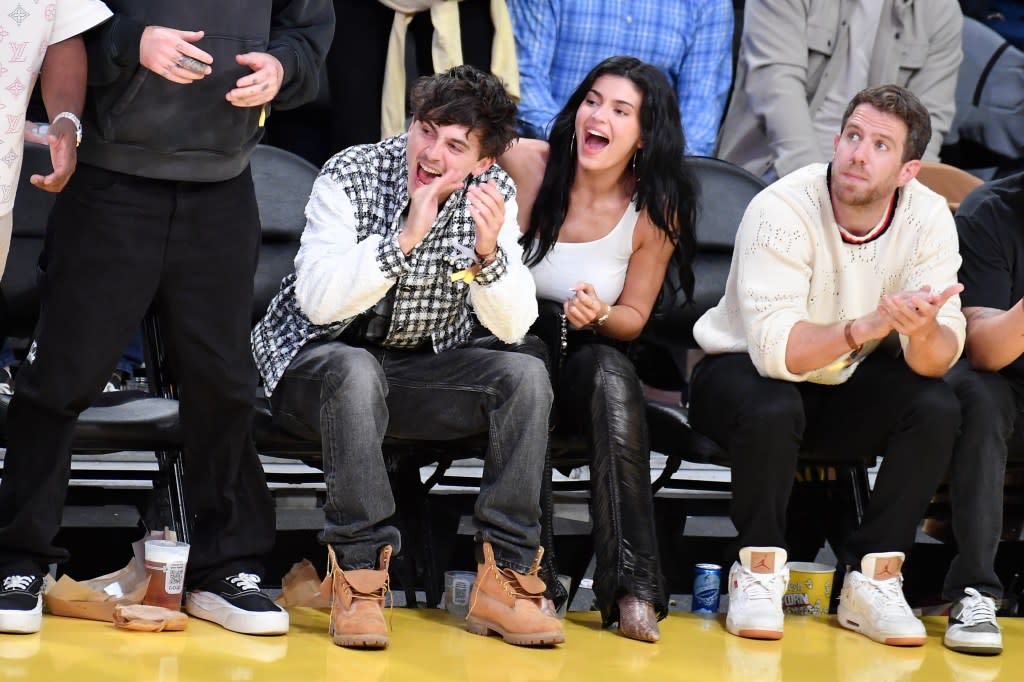 Timothée Chalamet and Kylie Jenner courtside at a Lakers game. Getty Images