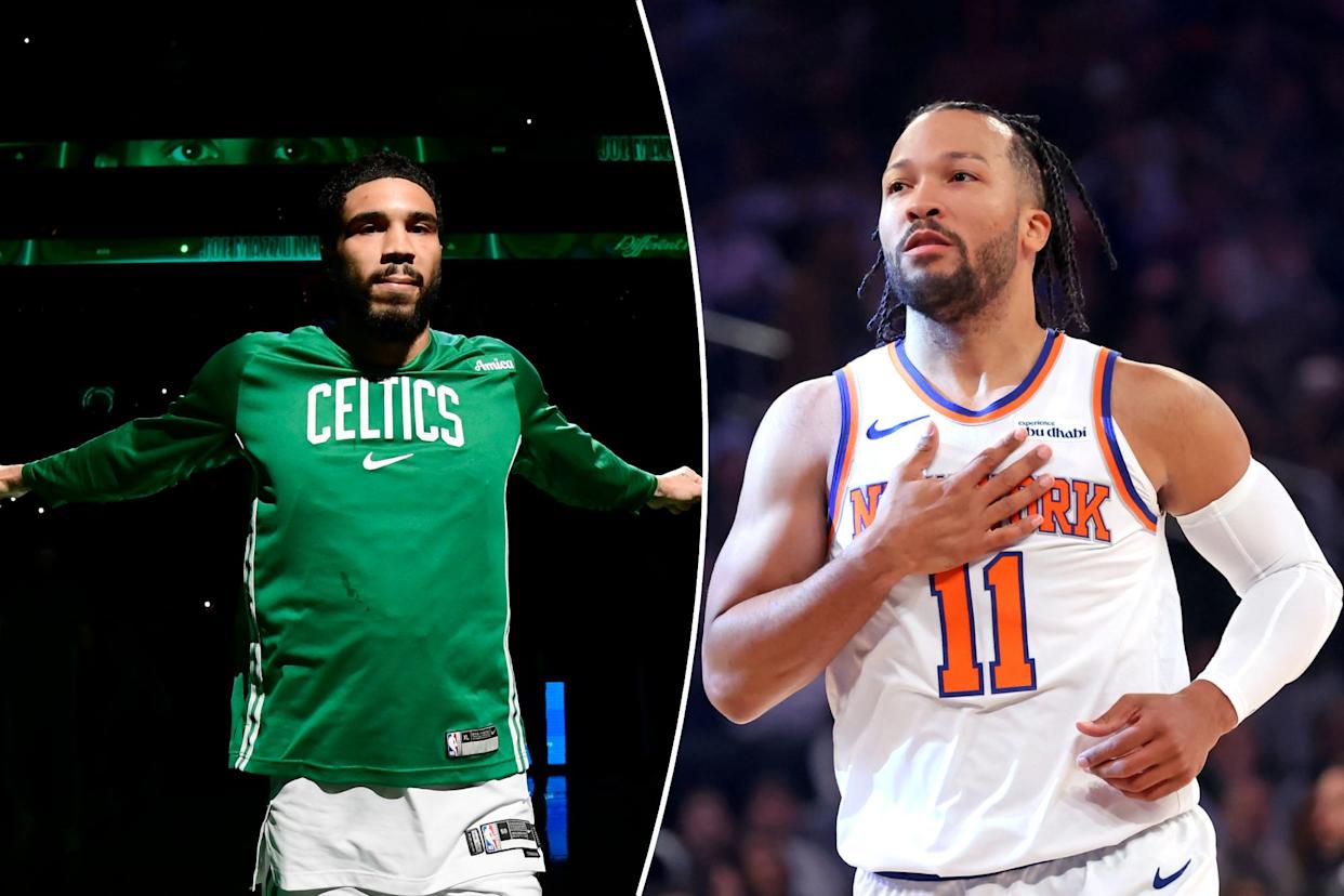 An image collage containing 2 images, Image 1 shows Boston Celtics forward Jayson Tatum (0) is introduced to the crowd, Image 2 shows New York Knicks guard Jalen Brunson #11 with his hand on his chest