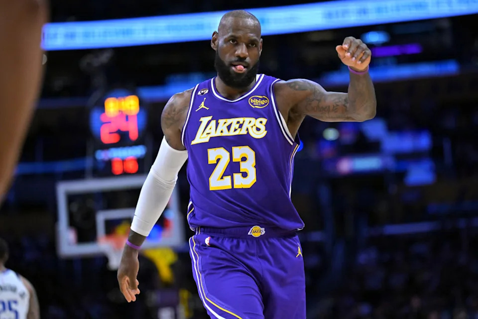 Feb 12, 2026; Los Angeles, California, USA; Los Angeles Lakers forward LeBron James (23) reacts on the court after a three-point basket in the first half against the Dallas Mavericks at Crypto.com Arena. Mandatory Credit: Jayne Kamin-Oncea-Imagn Images© Jayne Kamin-Oncea-Imagn Images&period;