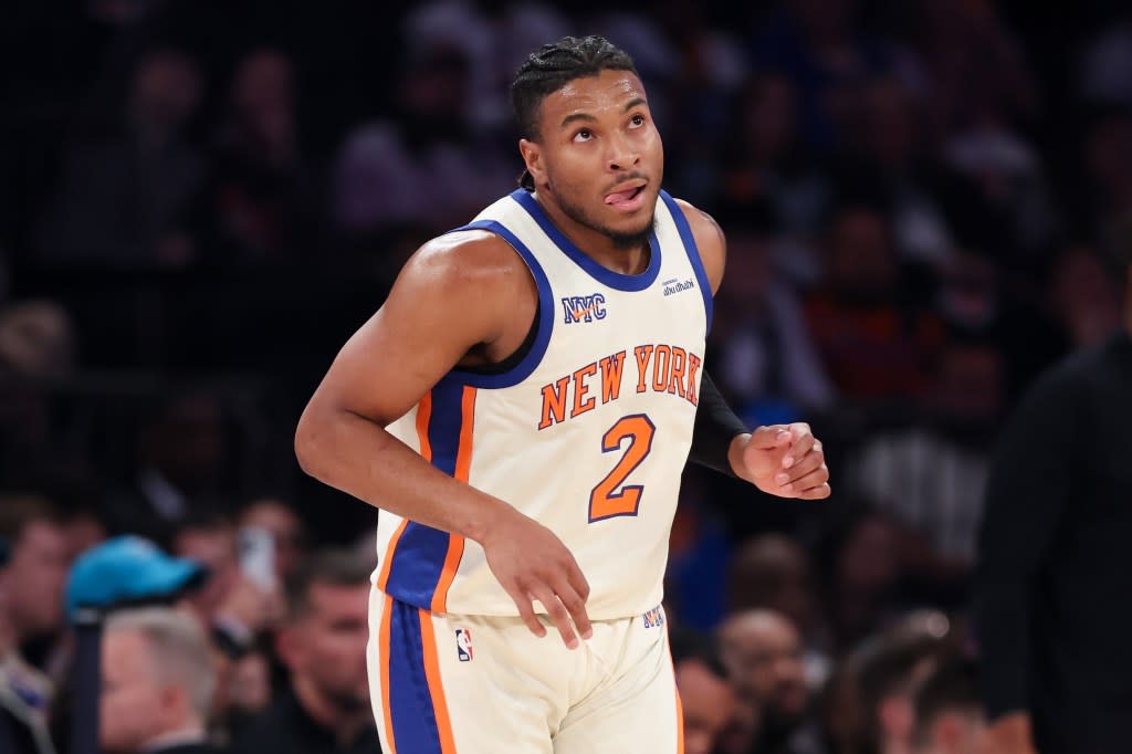 Miles McBride #2 of the New York Knicks reacts to a play during the first half against the Charlotte Hornets at Madison Square Garden on April 12, 2026 in New York City. Getty Images