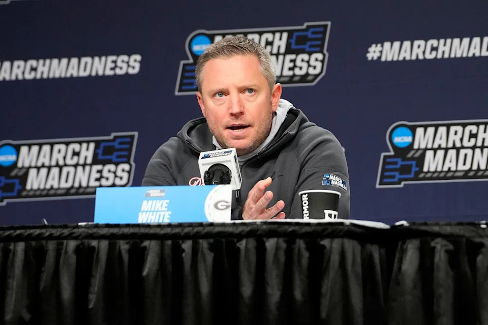 Georgia Bulldogs head coach Mike White answers questions during the press conference prior to their practice session ahead of the first round of the men's 2026 NCAA Tournament