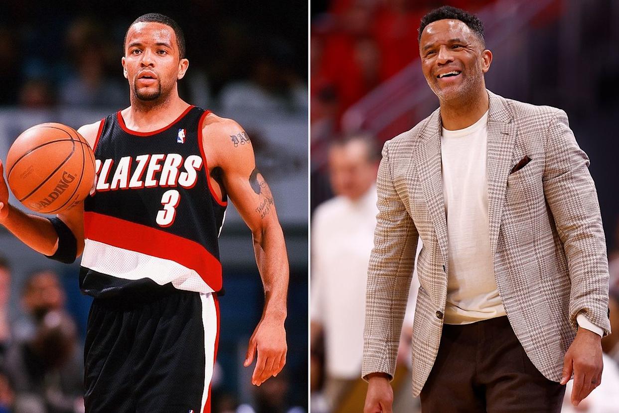 Damon Stoudamire of the Portland Trail Blazers on February 26, 1999 in Charlotte, North Carolina; Damon Stoudamire on February 21, 2026 in Louisville, KY.Credit: Sporting News via Getty; Jeffrey Brown/Icon Sportswire via Getty