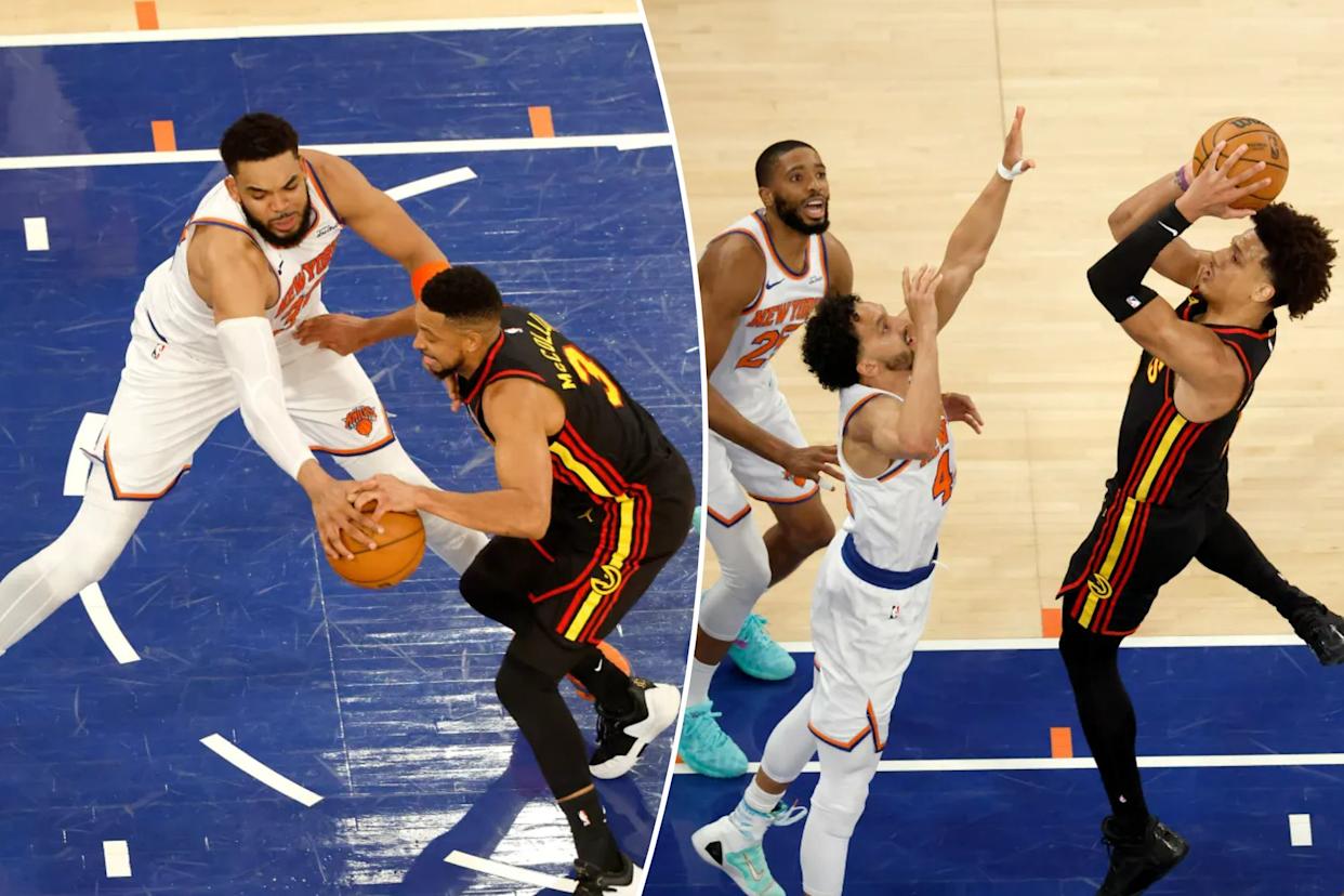 An image collage containing 2 images, Image 1 shows Karl-Anthony Towns defends CJ McCollum during an NBA playoff game, Image 2 shows Atlanta Hawks player Jalen Johnson shooting a basketball over New York Knicks player Landry Shamet