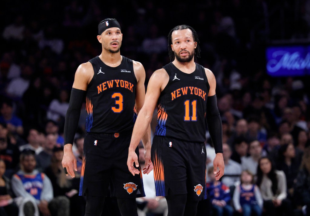 Josh Hart #3 of the New York Knicks and guard Jalen Brunson #11 of the New York Knicks speak on the court during the first half at Madison Square Garden, Friday April 3rd, 2026, in New York, NY.