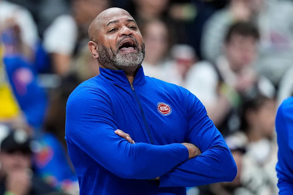 Detroit Pistons head coach J.B. Bickerstaff reacts to a play against Orlando Magic during the first half of Game 1 of the first round of the NBA playoffs at Little Caesars Arena in Detroit on Sunday, April 19, 2026.