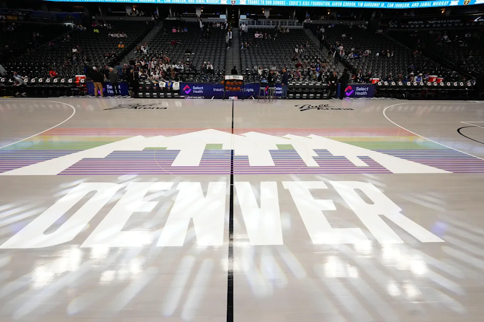 Apr 10, 2026; Denver, Colorado, USA; General view at center court of Ball Arena before the game between the Oklahoma City Thunder against the Denver Nuggets. Mandatory Credit: Ron Chenoy-Imagn Images