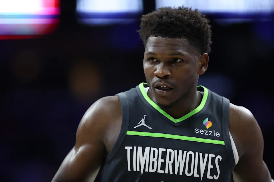 Apr 3, 2026; Philadelphia, Pennsylvania, USA; Minnesota Timberwolves guard Anthony Edwards (5) looks on against the Philadelphia 76ers during the second quarter at Xfinity Mobile Arena. Mandatory Credit: Bill Streicher-Imagn Images