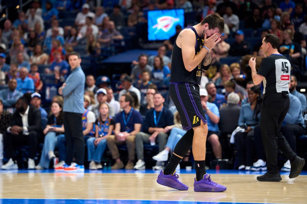 Luka Doncic of the Los Angeles Lakers reacts after a play during the second half against the Oklahoma City Thunder at the Paycom Center on April 2, 2026 in Oklahoma City, Oklahoma. (Photo by Cooper Neill/Getty Images) Getty Images