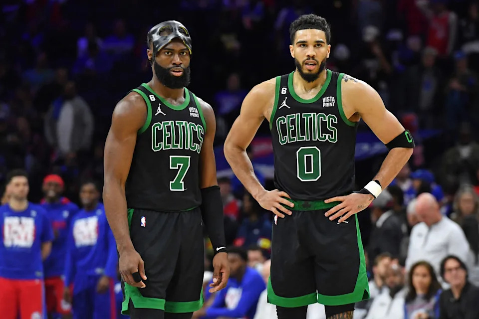 Boston Celtics guard Jaylen Brown (7) and forward Jayson Tatum (0).Eric Hartline-USA TODAY Sports