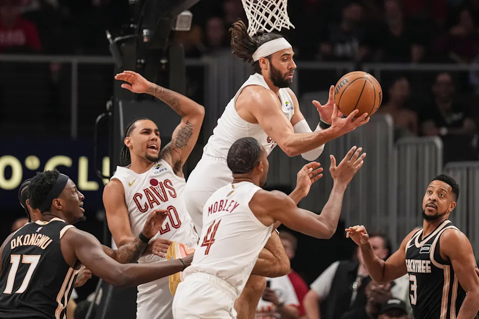 Cleveland Cavaliers guard Max Strus (2) grabs a rebound against the Atlanta Hawks on April 10, 2026, in Atlanta, Georgia.