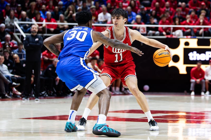 Utah guard Lucas Langarita dribbles during game against BYU at the Huntsman Center Jan. 10, 2026.