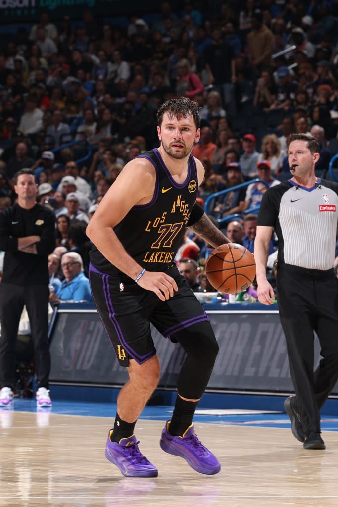 Luka Doncic of the Los Angeles Lakers dribbles the ball during the game against Oklahoma City Thunder on April 2, 2026 at Paycom Center in Oklahoma City, Oklahoma. (Photo by Zach Beeker/NBAE via Getty Images) NBAE via Getty Images