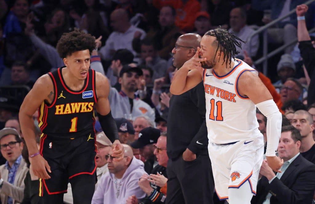 Jalen Brunson celebrates after hitting a 3-pointer in the first quarter of the Knicks’ 113-102 Game 1 win over the Hawks on April 18, 2026 at Madison Square Garden. Charles Wenzelberg / New York Post