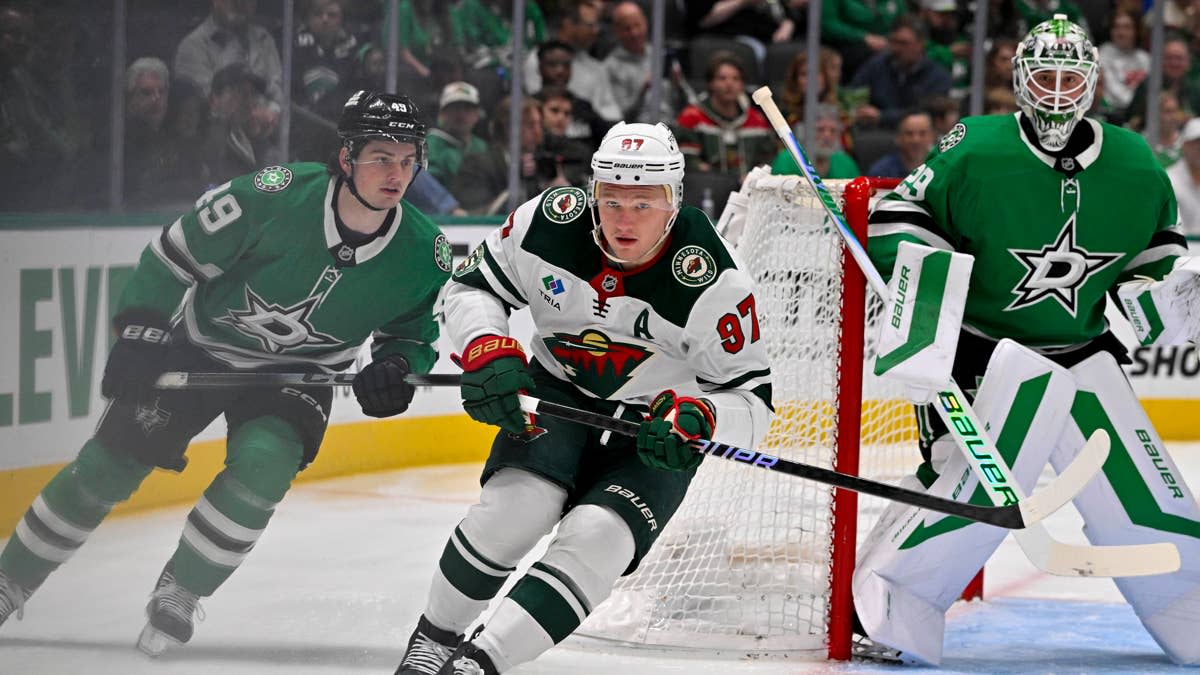 Apr 9, 2026; Dallas, Texas, USA; Minnesota Wild left wing Kirill Kaprizov (97) skates against the Dallas Stars during the first period at the American Airlines Center.Jerome Miron-Imagn Images