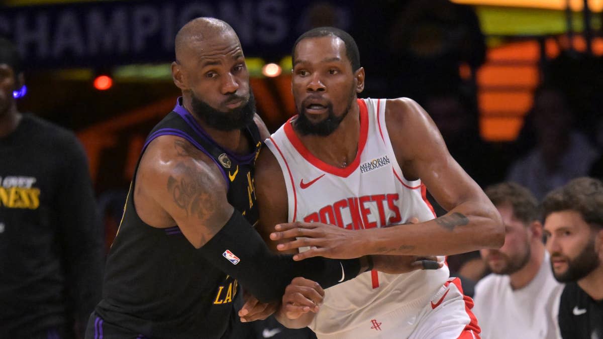 Los Angeles Lakers forward LeBron James defends Houston Rockets forward Kevin Durant during their playoff game at Crypto.com Arena on April 21, 2026.Jayne Kamin-Oncea-Imagn Images