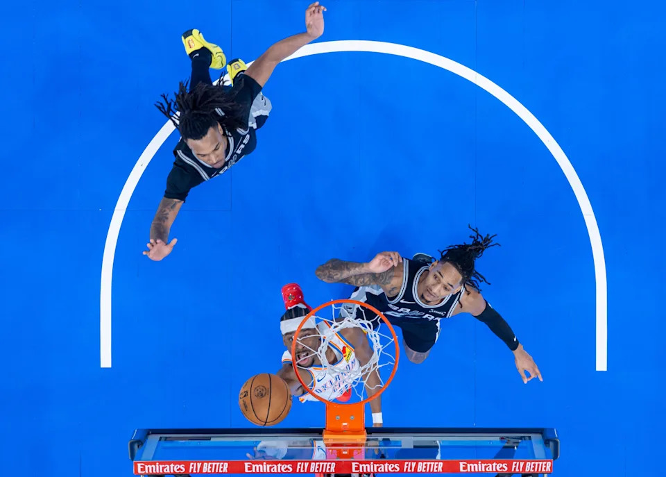 Oklahoma City guard Shai Gilgeous-Alexander (2) lays up the ball in the second quarter during an NBA game between The Oklahoma City Thunder and The San Antonio Spurs at Paycom Center in Oklahoma City on Thursday, Dec. 25, 2025.