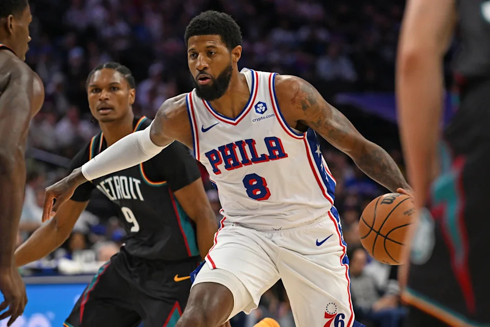 Apr 4, 2026; Philadelphia, Pennsylvania, USA; Philadelphia 76ers forward Paul George (8) drives to the basket against the Detroit Pistons during the first half at Xfinity Mobile Arena. Mandatory Credit: Eric Hartline-Imagn Images