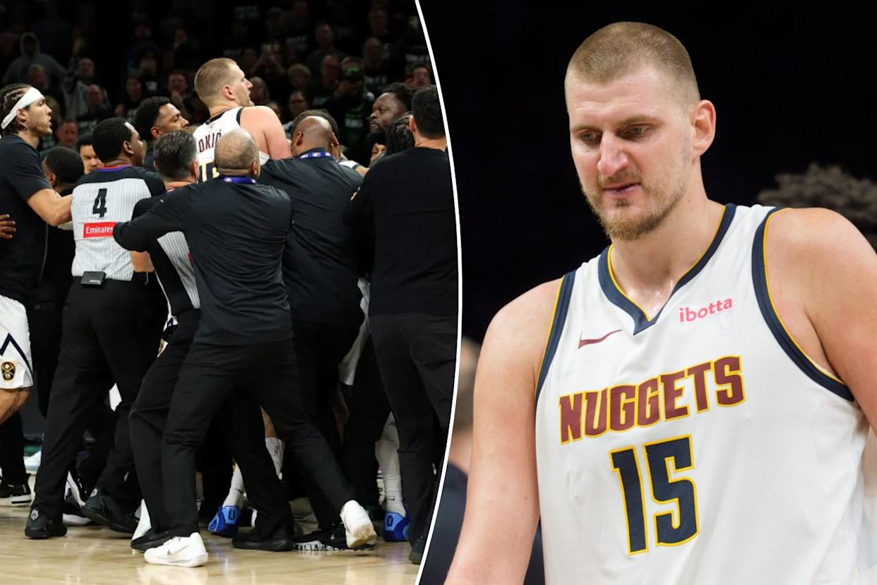 An image collage containing 2 images, Image 1 shows Players and staff from the Denver Nuggets and Minnesota Timberwolves in a scrum on the basketball court, Image 2 shows Denver Nuggets center Nikola Jokic exits the court after being ejected