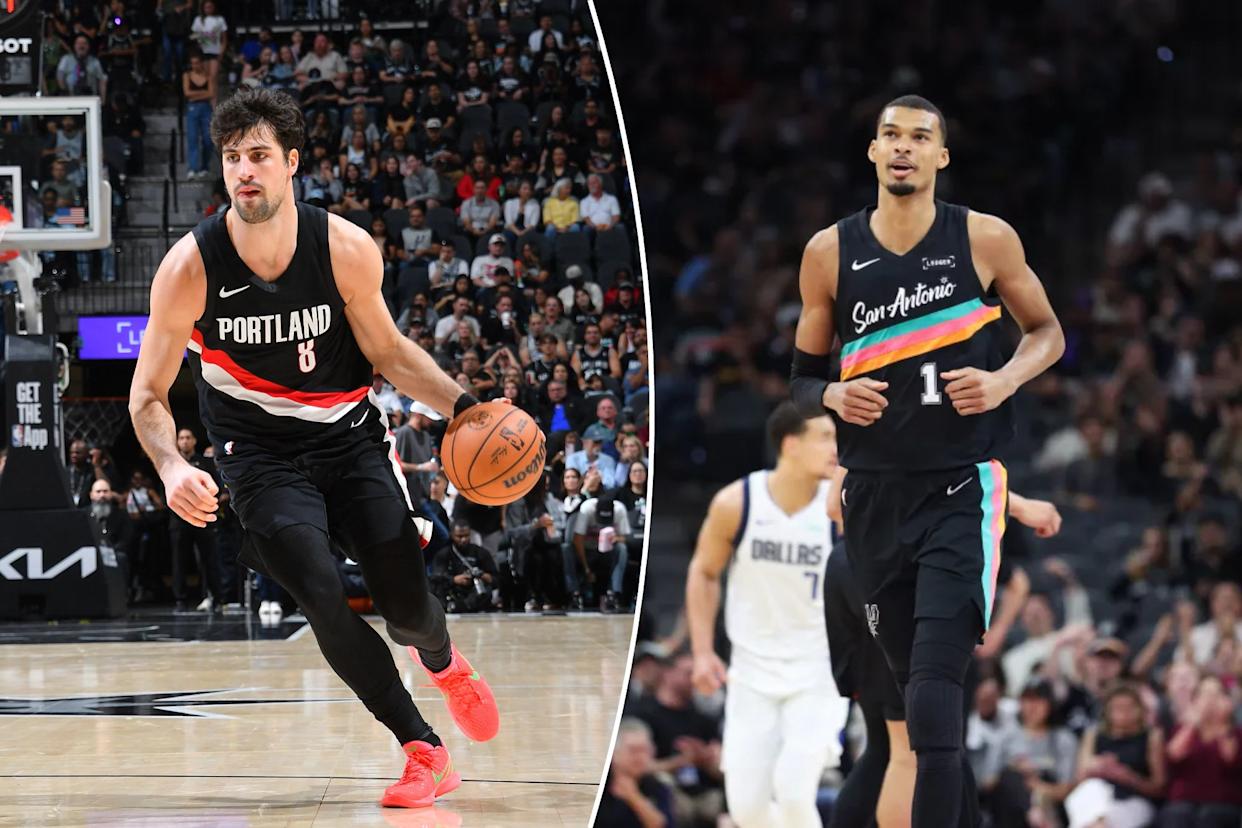 An image collage containing 2 images, Image 1 shows Deni Avdija dribbles the ball during a game between the Portland Trail Blazers and the San Antonio Spurs, Image 2 shows A basketball player in a black San Antonio Spurs jersey with colorful stripes walking on the court
