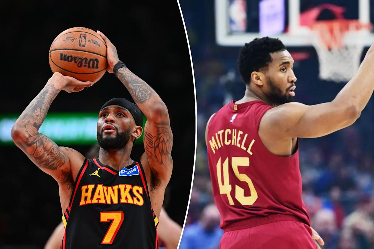 An image collage containing 2 images, Image 1 shows Nickeil Alexander-Walker shooting a free throw, Image 2 shows Cleveland Cavaliers guard Donovan Mitchell (45) reacts after a play