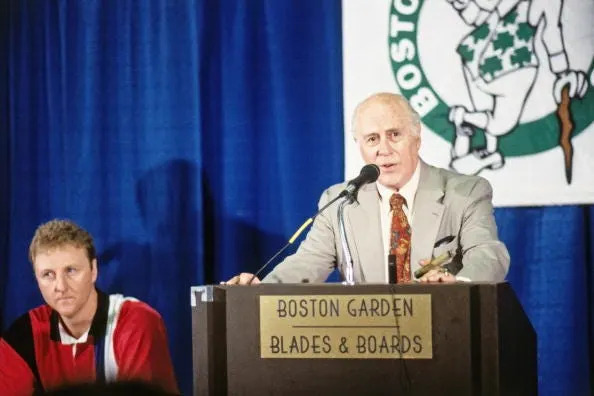 BOSTON - AUGUST 18: Boston Celtics President Red Auerbach speaks to the media during a press conference to announce Larry Bird's retirement on August 18, 1992 at the Boston Garden in Boston, Massachusetts. NOTE TO USER: User expressly acknowledges and agrees that, by downloading and or using this photograph, User is consenting to the terms and conditions of the Getty Images License Agreement. Mandatory Copyright Notice: Copyright 1992 NBAE (Photo by Dick Raphael/NBAE via Getty Images)