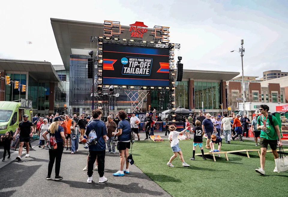 The gates open for the Men’s Final Four Tip-Off Tailgate taking place on Georgia St. during the Final Four tournament on Friday, April 3, 2026, in Indianapolis.