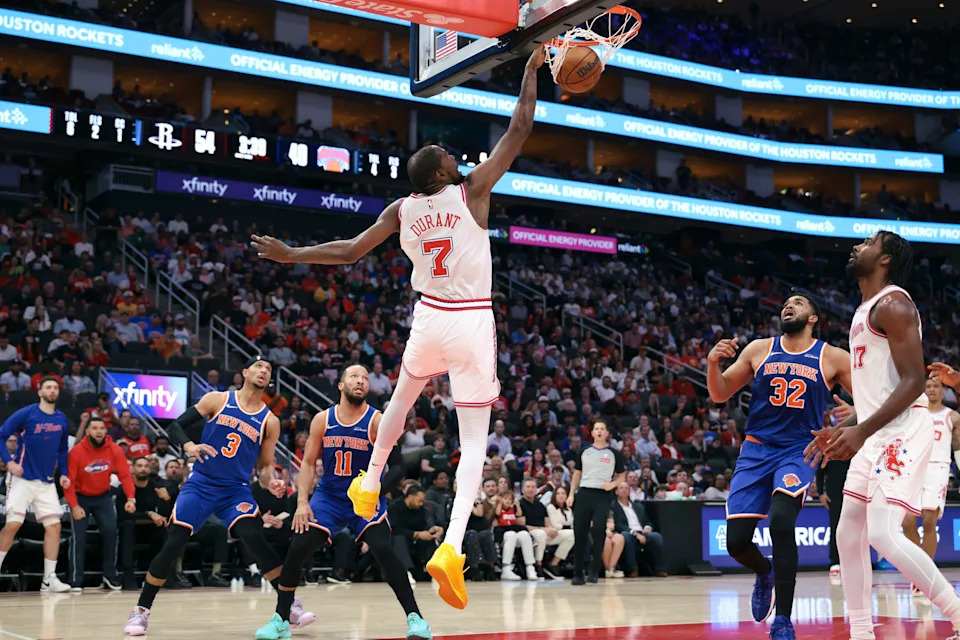 Mar 31, 2026; Houston, Texas, USA; Houston Rockets forward Kevin Durant (7) dunks the ball during the second quarter against the New York Knicks at Toyota Center. Mandatory Credit: Troy Taormina-Imagn Images