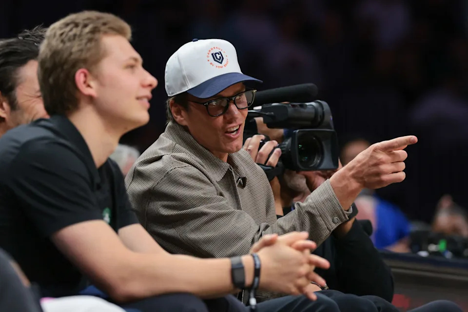 Apr 1, 2026; Miami, Florida, USA; Tom Brady attends the game between the Miami Heat and the Boston Celtics at Kaseya Center. Mandatory Credit: Sam Navarro-Imagn Images