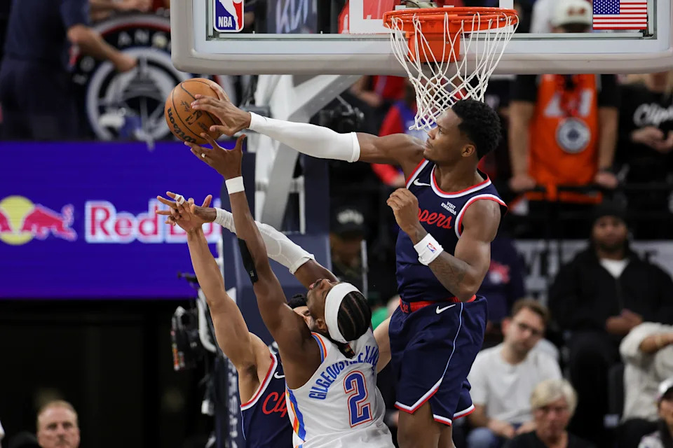 INGLEWOOD, CALIFORNIA - APRIL 08: Bennedict Mathurin #9 of the Los Angeles Clippers blocks a shot attempt by Shai Gilgeous-Alexander #2 of the Oklahoma City Thunder during the first half of an NBA game at Intuit Dome on April 08, 2026 in Inglewood, California. NOTE TO USER: User expressly acknowledges and agrees that, by downloading and or using this photograph, User is consenting to the terms and conditions of the Getty Images License Agreement. (Photo by Ryan Sirius Sun/Getty Images)