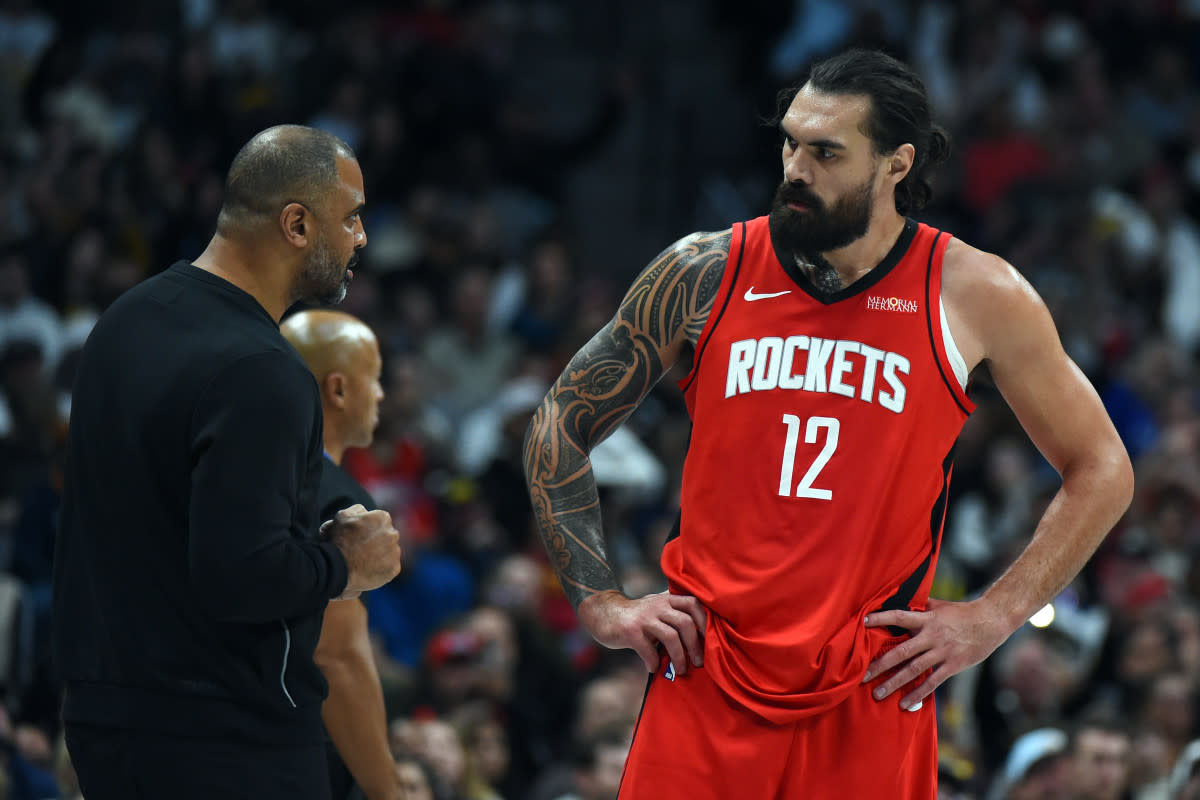 Houston Rockets center Steven Adams (12) talks with head coach Ime UdokaChristopher Hanewinckel-Imagn Images