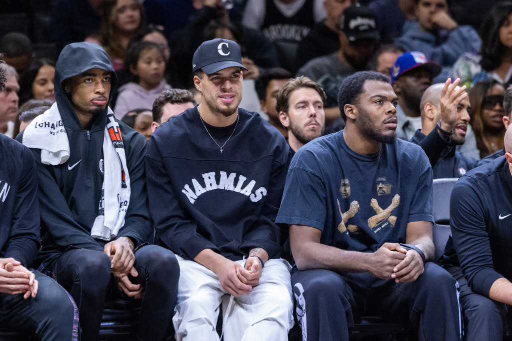 Nic Claxton (l.), Michael Porter Jr. (c.) and Day’ron Sharpe look on during the second half against the Atlanta Hawks at Barclays Center, Friday, April 3, 2026, in Brooklyn, NY. Corey Sipkin for the NY POST