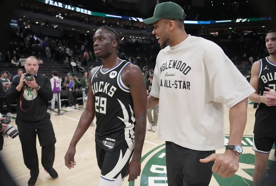 Milwaukee Bucks forward Alex Antetokounmpo (29) and his brother forward Giannis Antetokounmpo are shown after their game Friday, April 3, 2026 at Fiserv Forum in Milwaukee, Wisconsin. The Boston Celtics beat the Milwaukee Bucks 133-101.